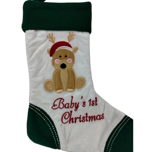 Holiday Home Babys 1st Christmas Reindeer 14 in Green Christmas Stocking New - Picture 2 of 5